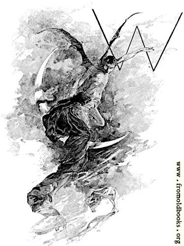 [Picture: Initial Letter W With Demon and Woman and Crescent Moon]