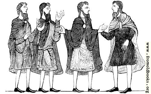 [Picture: 285.—Saxon Cloaks, Plain and Embroidered Tunics, and Shoes. (Cotton MS.)]
