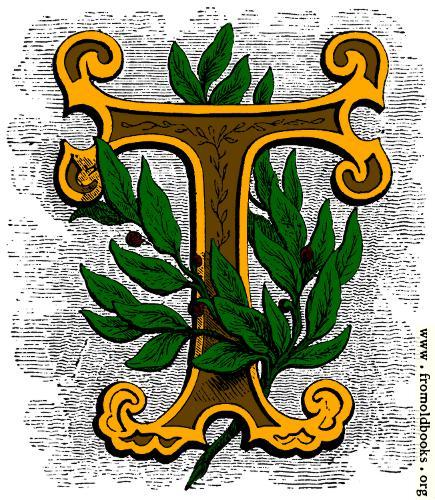 [Picture: Floriated initial letter T, coloured version]