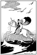 [Picture: The white horse carried the earth king’s son and the princess over the sea]