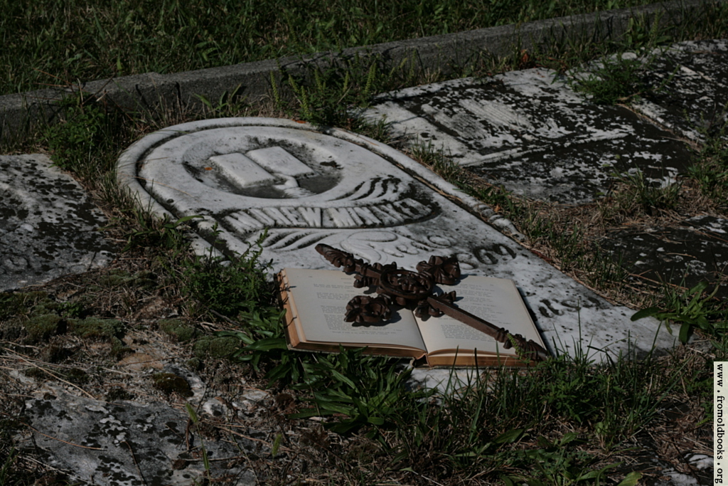 [Picture: Open book with iron cross on grave]