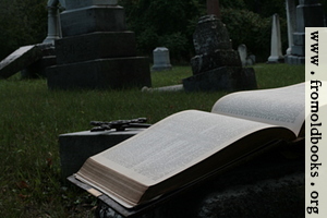 Open Bible and cross in graveyard