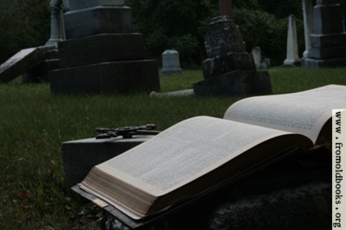 [Picture: Open Bible and cross in graveyard]