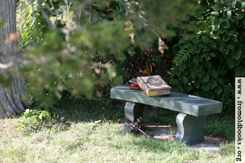 [Picture: Stone bench under a tree with Bible, books and cross]