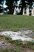 Iron cross and open book on grave