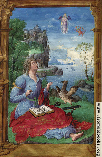 [Picture: Painted miniature: a writer, with a castle in the background]