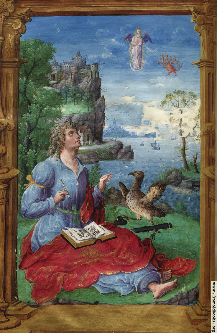 [Picture: Painted miniature: a writer, with a castle in the background]