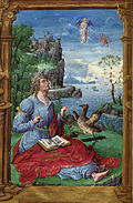 Painted miniature: a writer, with a castle in the background