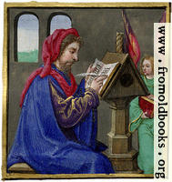 [picture: Miniature painting of a scribe writing at a desk]