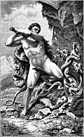 [Picture: Herkules in Kampfe gegen die lernäische Schlange.]