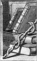 [Picture: Woodcut: Snake, Magic Wand, Leather Books (detail of portrait of Ebenezer Sibly).]