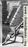 Woodcut: Snake, Magic Wand, Leather Books (detail of portrait of Ebenezer Sibly).