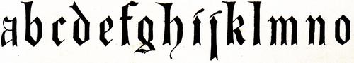 [Picture: Top row of miniscule (lower-case) blackletter from XIV. Century  No. 1.]