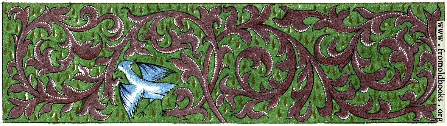 [Picture: Green and brown border with vines and bird]