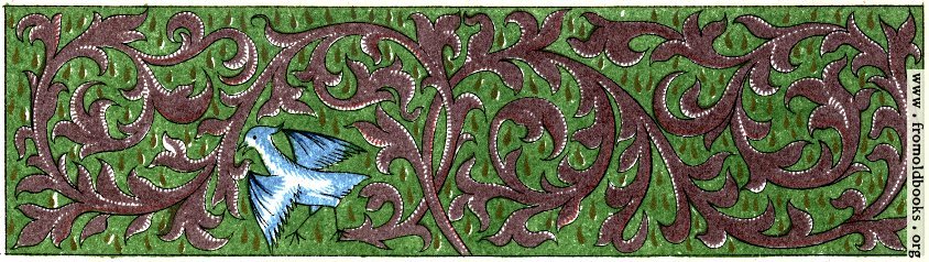 [Picture: Green and brown border with vines and bird]