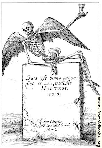 [Picture: Winged Skeleton with Hourglass on a Tombstone]
