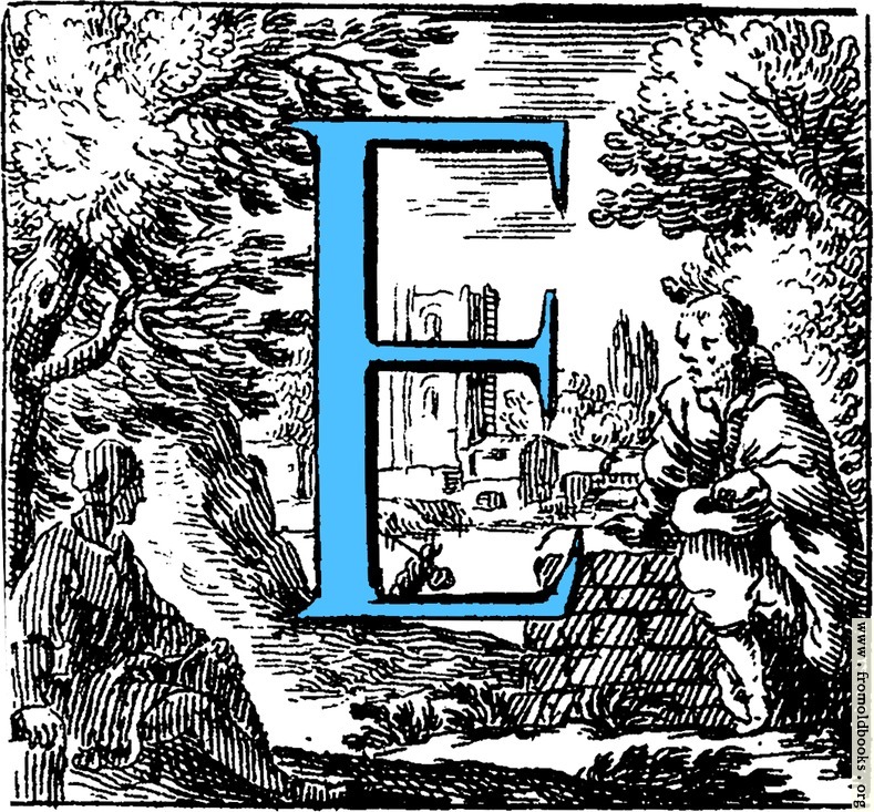 [Picture: Historiated decorative initial capital letter E in Blue]