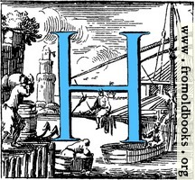 Historiated decorative initial capital letter H in Blue