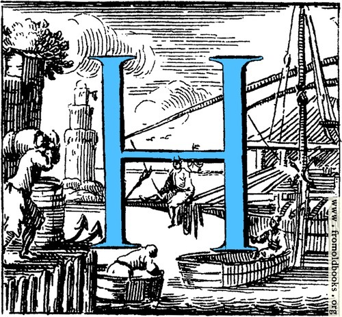 [Picture: Historiated decorative initial capital letter H in Blue]