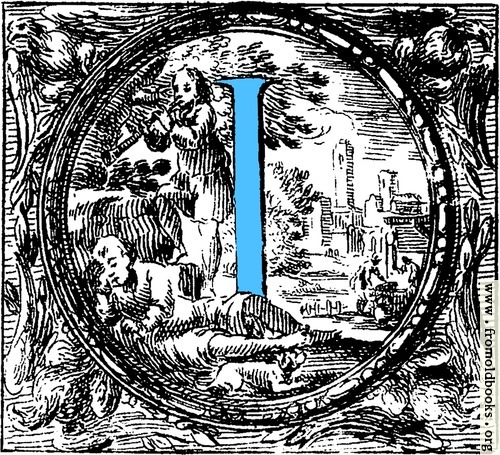 [Picture: Historiated decorative initial capital letter I in Blue]