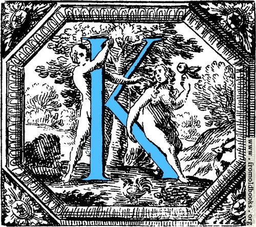 [Picture: Historiated decorative initial capital letter K in Blue]