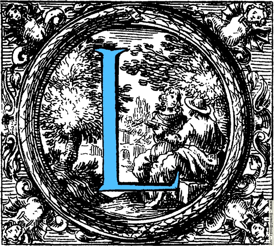 [Picture: Historiated decorative initial capital letter L in Blue]