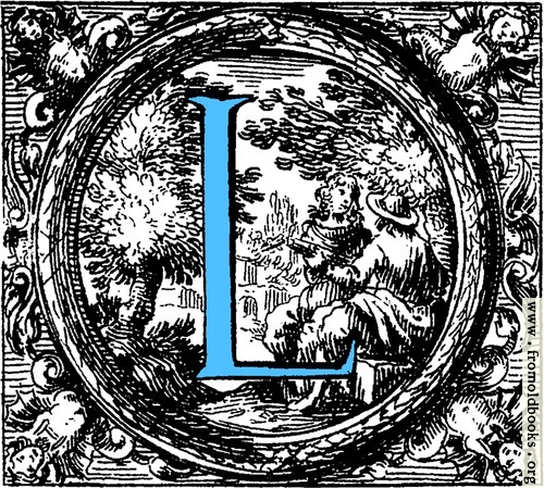 [Picture: Historiated decorative initial capital letter L in Blue]