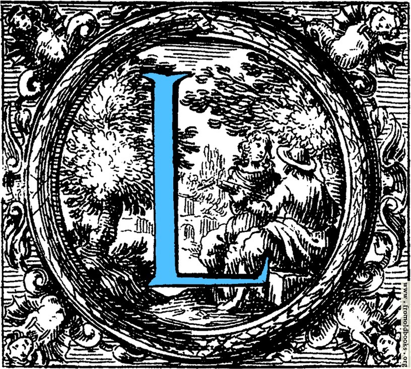 [Picture: Historiated decorative initial capital letter L in Blue]