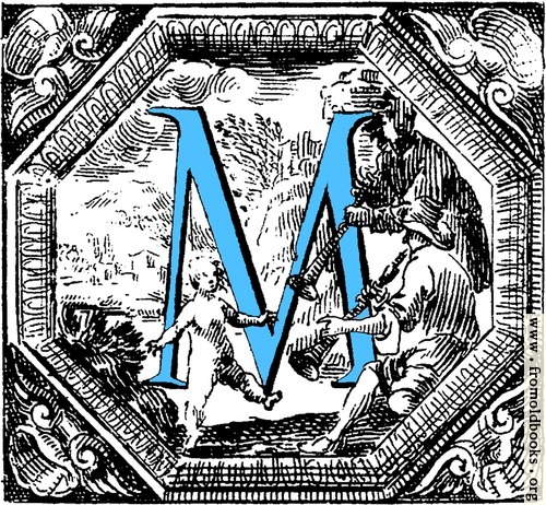 [Picture: Historiated decorative initial capital letter M in Blue]