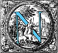 [Picture: Historiated decorative initial capital letter N in Blue]