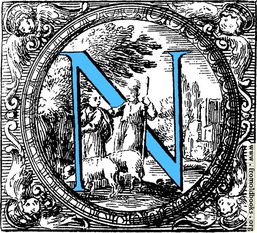 [Picture: Historiated decorative initial capital letter N in Blue]