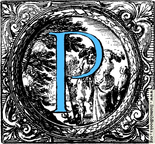 [Picture: Historiated decorative initial capital letter P in Blue]