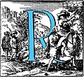 [Picture: Historiated decorative initial capital letter R in Blue]