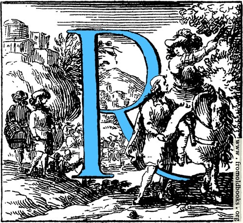 [Picture: Historiated decorative initial capital letter R in Blue]