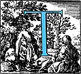 [Picture: Historiated decorative initial capital letter T in Blue]