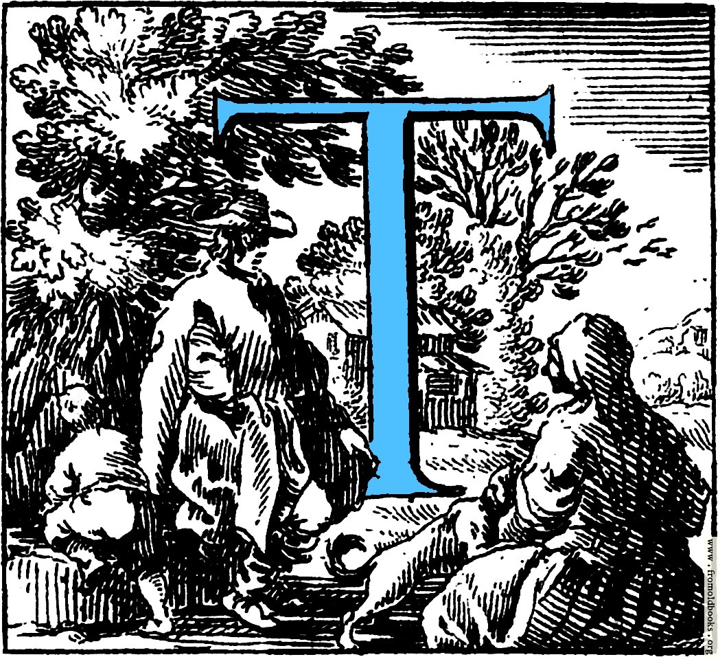 [Picture: Historiated decorative initial capital letter T in Blue]