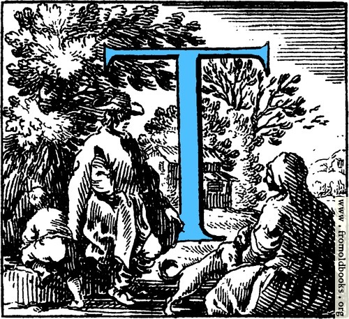 [Picture: Historiated decorative initial capital letter T in Blue]