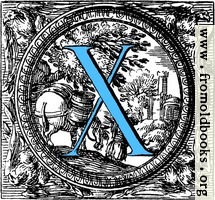 Historiated decorative initial capital letter X in Blue