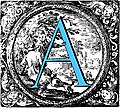 Historiated decorative initial capital letter A in Blue