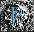 Historiated decorative initial capital letter P in Blue