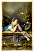 [Picture: Girl in the window: Atlantic and Pascific Tea Company 1880s Trade Card]