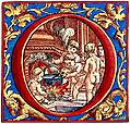 [Picture: Decorative initial letter O with cherubs cooking soup (coloured version)]