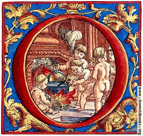 [Picture: Decorative initial letter O with cherubs cooking soup (coloured version)]