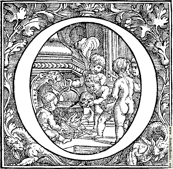 [Picture: Decorative initial letter O with cherubs cooking soup]