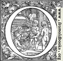 Decorative initial letter O with cherubs cooking soup