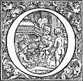 Decorative initial letter O with cherubs cooking soup