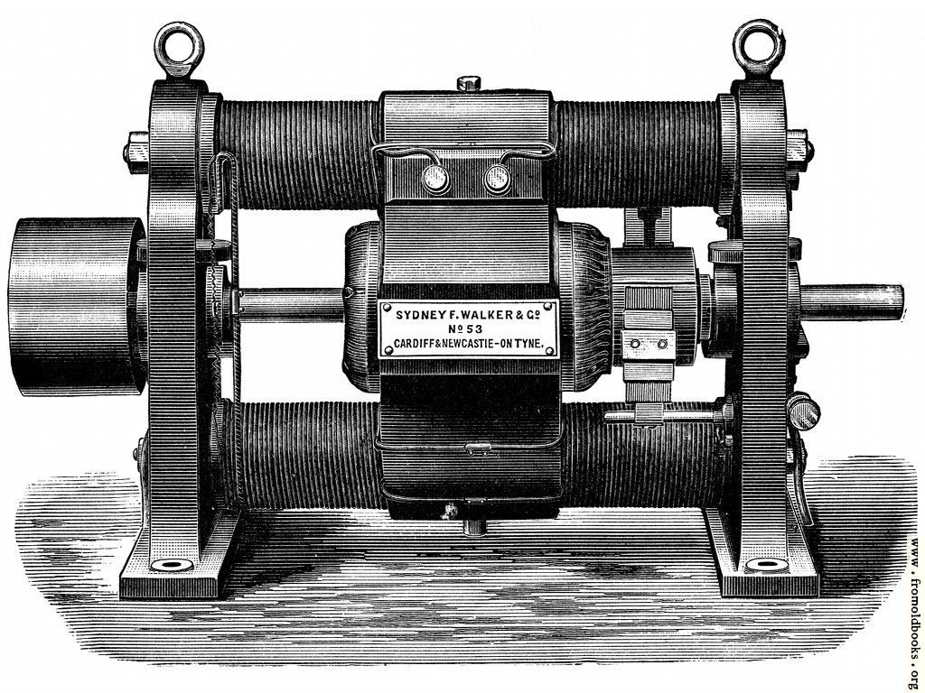 [Picture: Fig. 17.—Showing Old Type of Gramme Continuous Current Dynamo.]