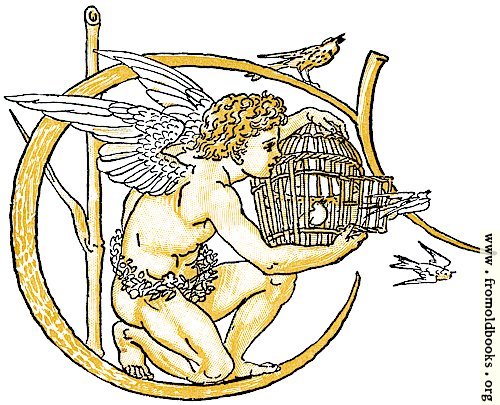 [Picture: Initial letter C with angel releasing birds from bird-cage]