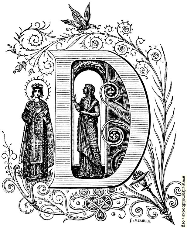 FOBO - Decorative initial letter “D” with lady and saint and birds