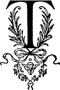 [Picture: Decorative initial letter ‘T”]